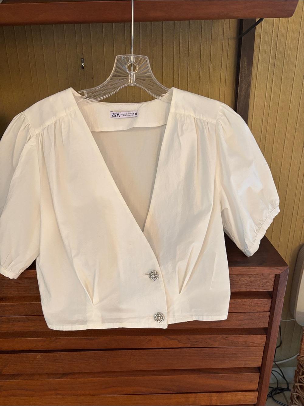 Zara Puff-Sleeve Cropped Wrap Blouse with Sparkly Buttons